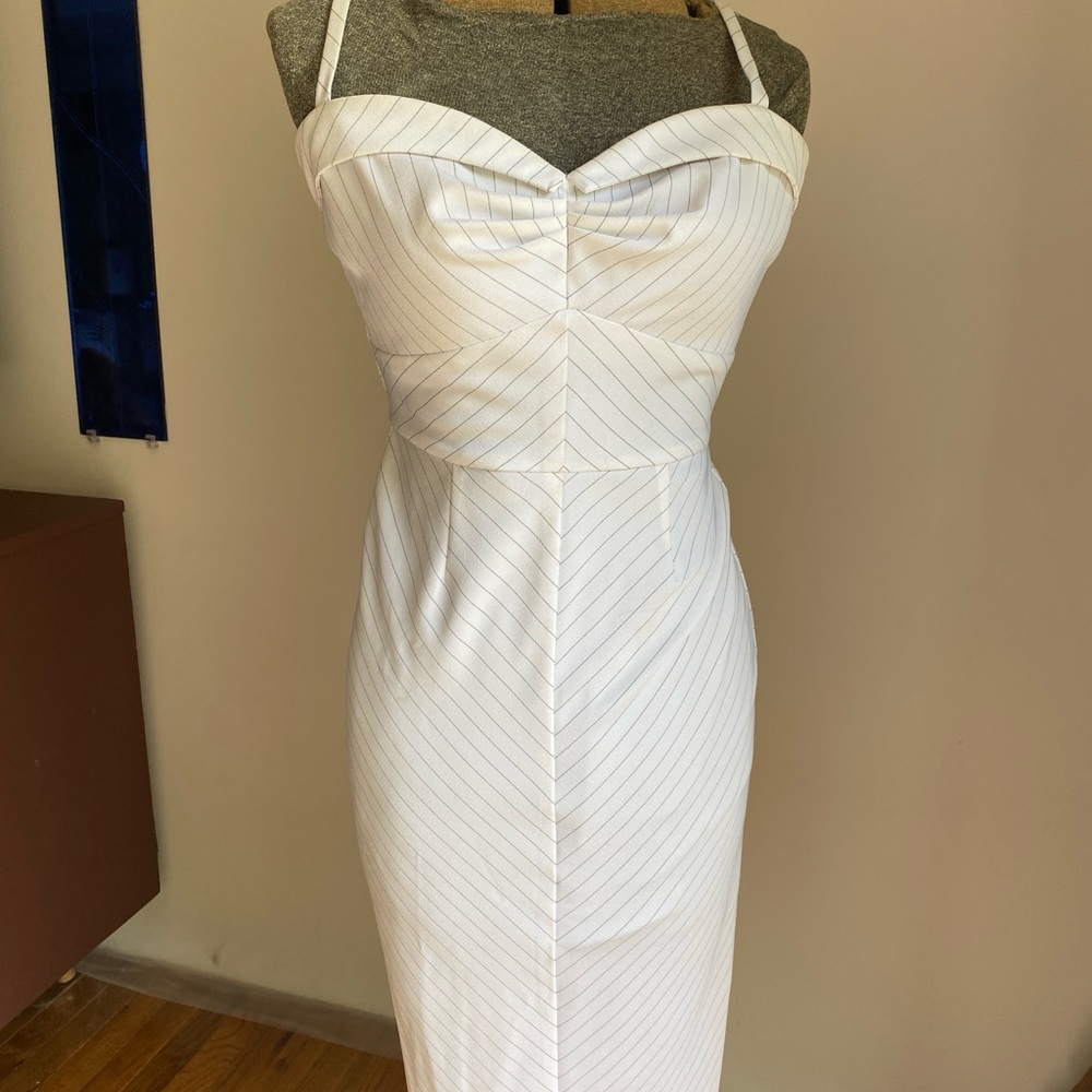 White Pinstripe Sweetheart Midi Dress